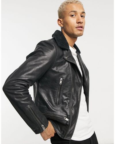 Bolongaro Trevor Crackle Leather Biker Jacket With Shearling Collar - Black