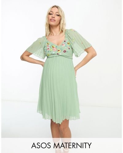 ASOS Asos Design Maternity Tie Back Angel Sleeve Pleated Mini Dress With Embroidered Bust - Green