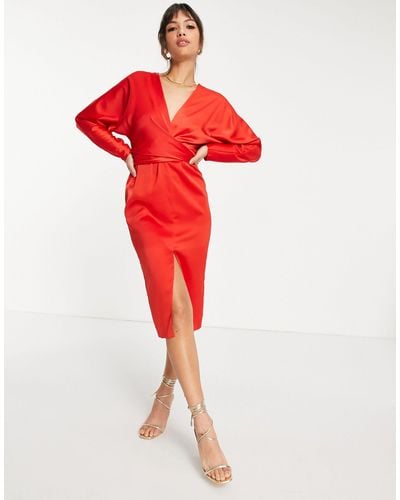 ASOS Satin Midi Dress With Batwing Sleeve And Wrap Waist - Red