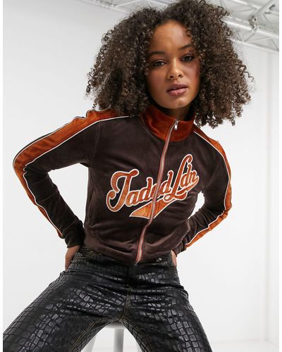 Jaded London Cropped Velour 90s Tracksuit Jacket Co-ord-brown