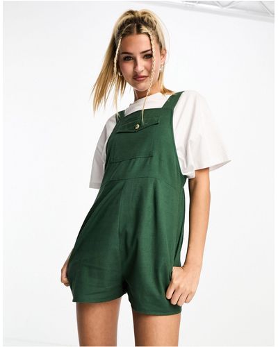 Daisy Street Linen Playsuit With Front Pocket - Green