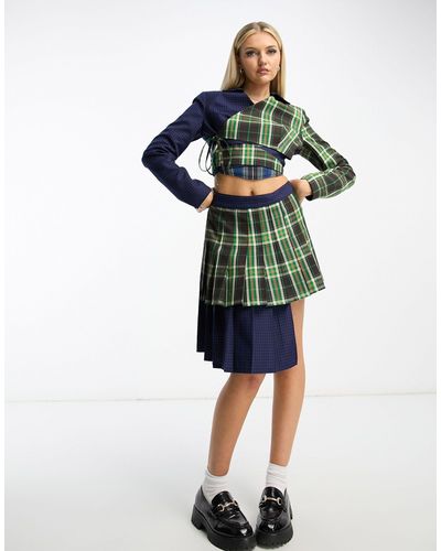 Collusion Spliced Check Cropped Blazer With Wrap Detail - Blue