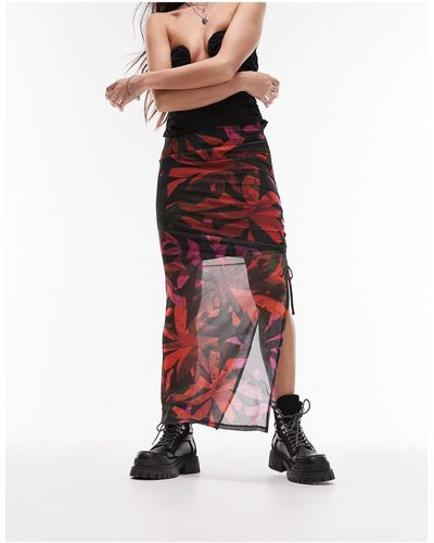 TOPSHOP Mesh Floral Blurred Print Midi Skirt
