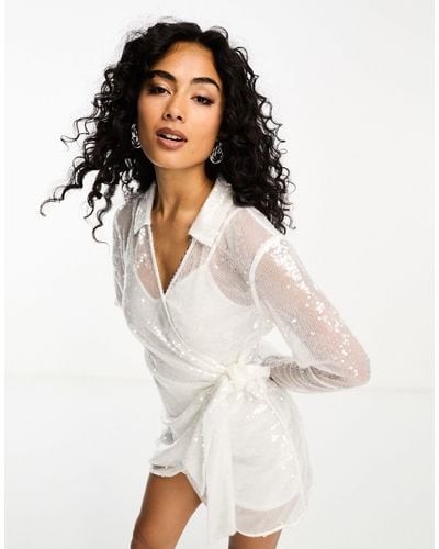 4th & Reckless Sequin Tie Side Mini Shirt Dress - White