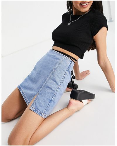 Pull&Bear Denim A-line Mini Skirt With Split Detail - Blue