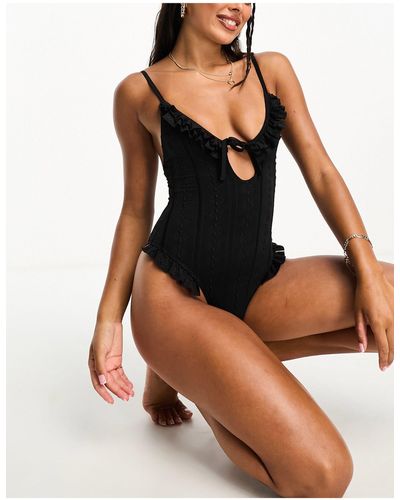 Reclaimed (vintage) Tie Front Swimsuit With Frills - Black