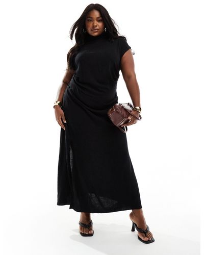 ASOS Asos Design Curve Linen Grown On Sleeve High Neck Midi Dress - Black