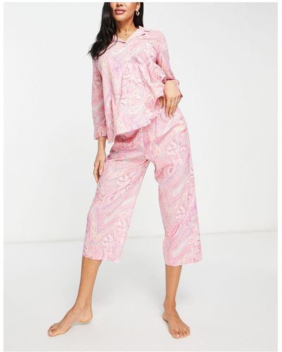 Lauren by Ralph Lauren – capri-pyjama mit eingekerbtem kragen und paisleymuster - Pink
