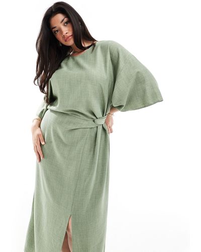 ASOS Asos Design Curve Angel Sleeve Drape Waist Tab Detail Midi Dress - Green