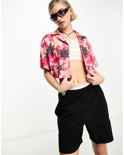 Collusion Tie Dye Sun Print Cropped Revere Shirt Co Ord - Red