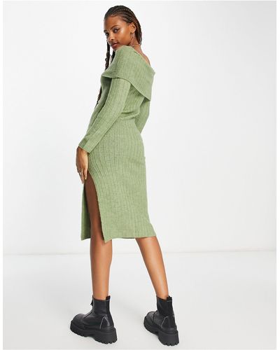 Miss Selfridge Brushed Knit Rib Fold Over Midaxi Dress With High Split - Green