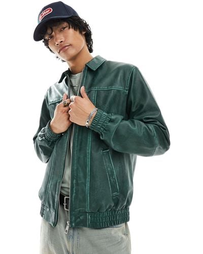 ASOS Real Leather Oversized Distressed Bomber Jacket With Seam Detail - Green