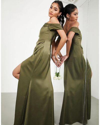 ASOS Bridesmaid Satin Bardot Drape Wrap Maxi Dress - Green