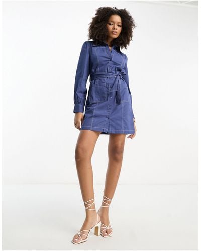 ASOS Twill Belted Shirt Dress With Contrast Stitch - Blue