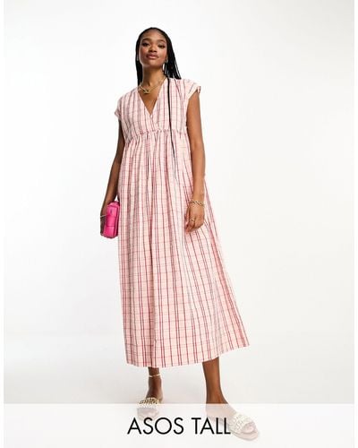 ASOS Asos Design Tall Cotton V Neck Midi Smock Dress - Pink