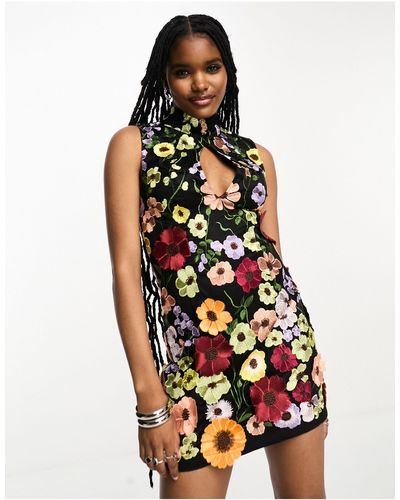 Amy Lynn Cleo - robe courte sans manches à col montant et broderie fleuries - noir - Multicolore