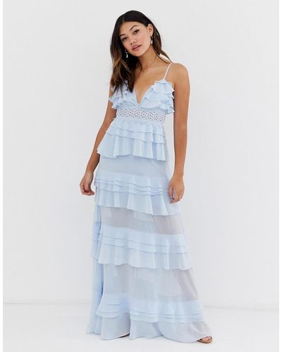 True Decadence Premium Frill Layered Cami Maxi Dress With Lace Insert - Blue