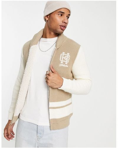 Hollister Monogram Logo Sherpa Lined Shawl Collar Full Zip Knit Cardigan - White