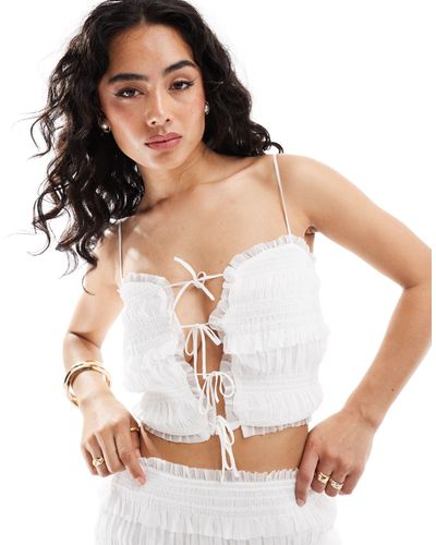 Bershka Shirred Tie Front Top Co-ord - White