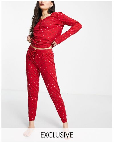 Lindex Exclusives - pyjama-joggingbroek Van Katoenmix Met Rode Hartjesprint - Multi - Rood
