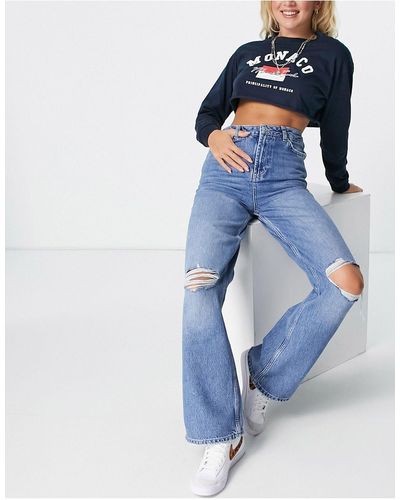 New Look Ripped Wide Leg Dad Jeans - Blue