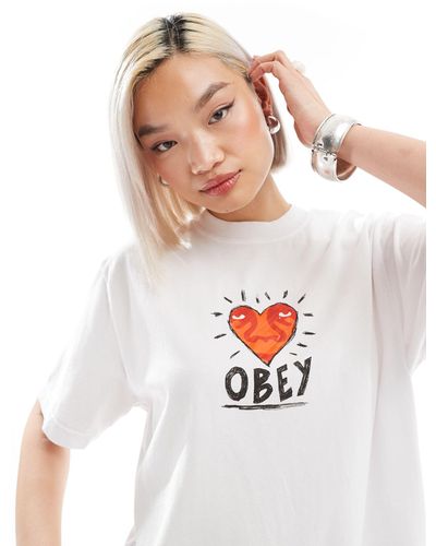 Obey T-shirt bianca a maniche corte con stampa di cuore - Bianco
