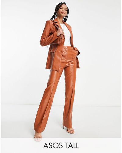 ASOS Asos Design Tall Leather Look Straight Trousers - Orange
