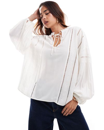 & Other Stories Volume Blouse With Lace And Ladder Insert Detail And Tie Collar - White