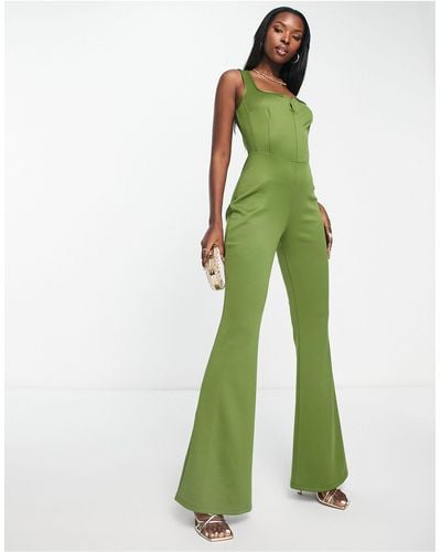 ASOS Jersey Corset Detail Jumpsuit With Flare Leg - Green