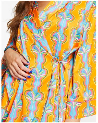 Chelsea Peers – hochwertiger satin-pyjama aus vorn gewickeltem oberteil und weit geschnittener hose - Orange