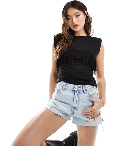 ASOS Tank Top With Suedette Fringing And Shoulder Pads - Black