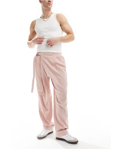 ASOS Smart Linen Blend Wide Leg Trousers With Asymmetric Wrap - Pink