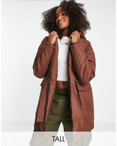 Noisy May Faux Fur Hooded Parka Coat - Brown