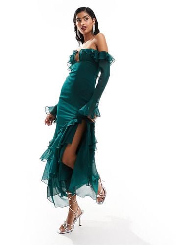 ASOS Corset Bust Bardot Maxi Dress With Ruffle Detail - Blue