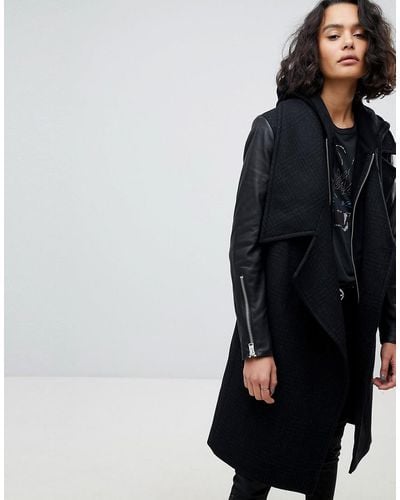AllSaints Waterfall Coat With Leather Sleeves - Gray