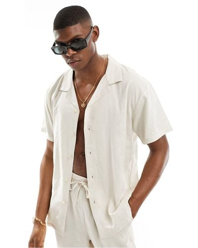 South Beach Short Sleeve Linen Blend Beach Shirt - Natural