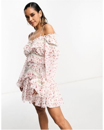 ASOS Long Sleeve Bardot Mini Dress With Lace Trims - White