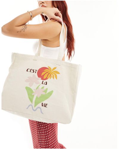 ASOS Canvas Tote Bag With Cest La Vie Print - White