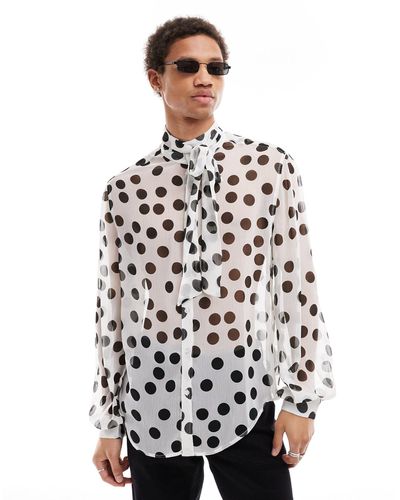 ASOS Relaxed Polka Dot Shirt With Tie Neck - White