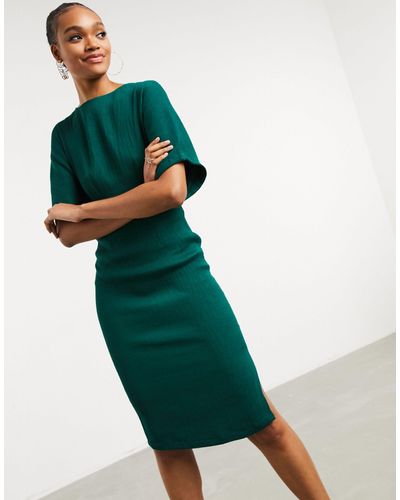Closet Ribbed Pencil Dress With Tie Belt - Green