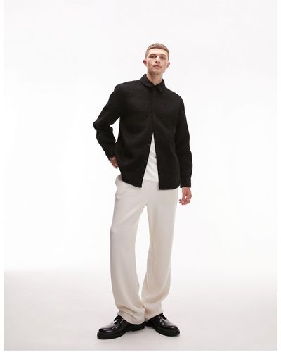 TOPMAN Long Sleeve Relaxed Fit Plain Boiled Wool Overshirt - Black