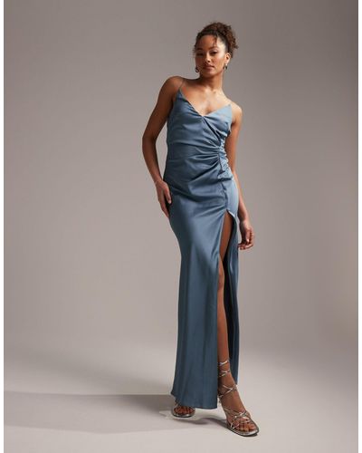ASOS Bridesmaid Satin Cami Maxi Dress With Drape Detail - Blue