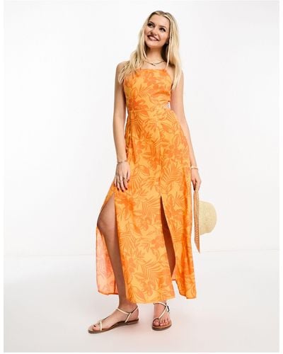 Miss Selfridge Lange Jurk Met Uitsnijding En Tropische Bloemen - Oranje