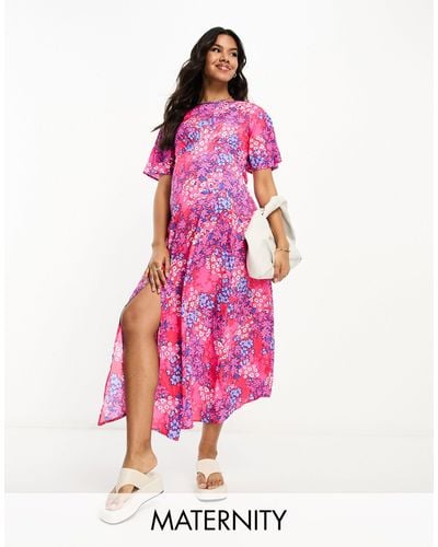 Influence Maternity Flutter Sleeve Midi Tea Dress - Pink