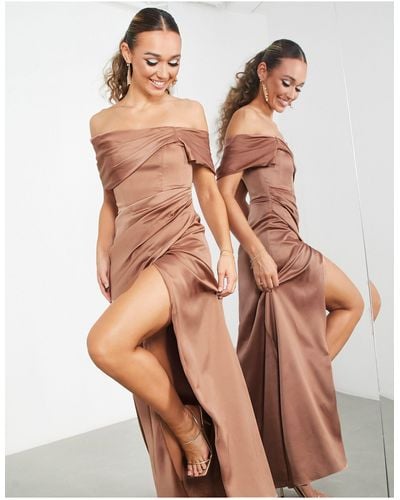 ASOS Bridesmaid Satin Bardot Drape Wrap Maxi Dress - Pink