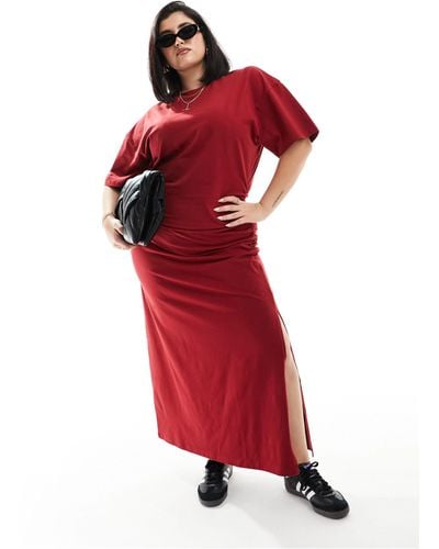 ASOS Asos Design Curve Crew Neck Midaxi T Shirt Dress With Ruched Side - Red