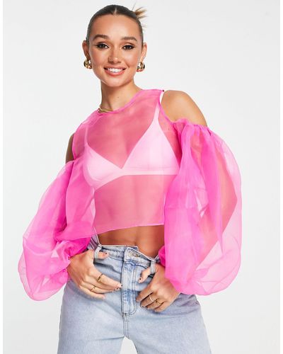 ASOS Going Out Organza Top With Volume Sleeve - Pink