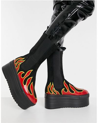 LAMODA Flame Print Chunky Boots - Black