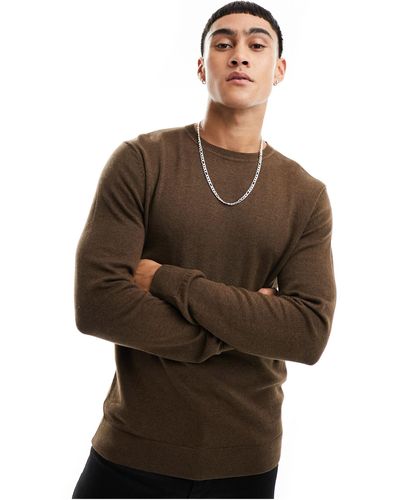 SELECTED Wool Mix Crew Neck Jumper - Brown