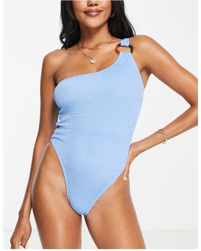 4th & Reckless True One Shoulder Crinkle Swimsuit - Blue